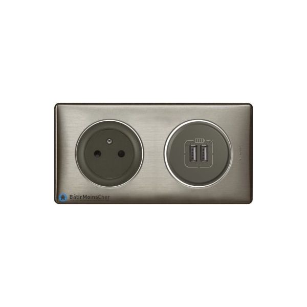 Prise + double chargeur USB Céliane graphite - Plaque Tungstène