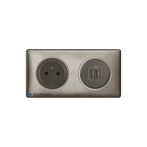Prise + double chargeur USB Céliane graphite Plaque Tungstène