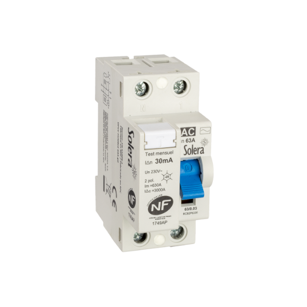 Interrupteur différentiel 63A type AC sensibilité 30mA - bornes vis/vis - référence RCB2P6330F de la marque Solera. Nombre de pôle 2P (Ph+N). Taille 2 modules. Tension 230Vac (50/60 Hz). Pouvoir de coupure 3kA.