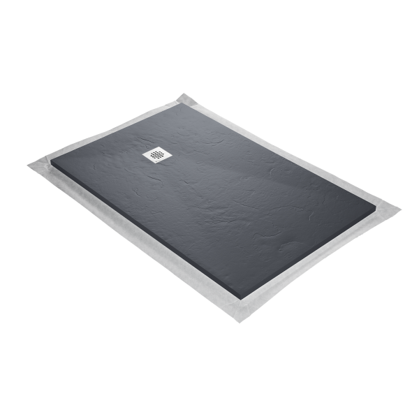 Receveur en résine de la gamme HD Slate de la marque Marmox. Gris 7015 imitation ardoise. Grille carrée inox blanc excentrée avec siphon 360° vertical horizontal, natte étanche pré-montée.