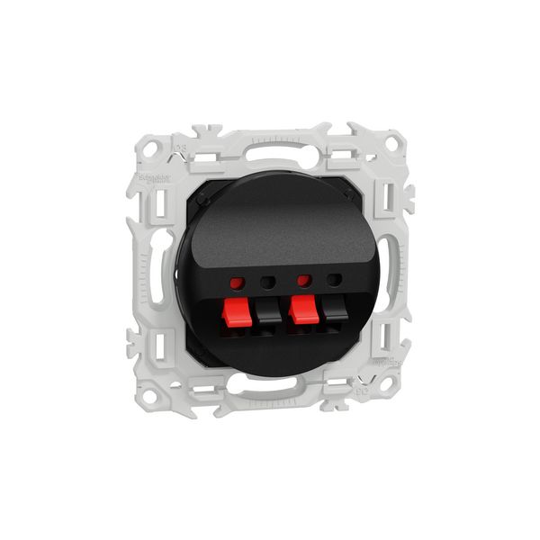 Prise haut-parleurs double 2 sorties à poussette référence S940488 gamme Odace - Schneider. Composé d'un mécanisme monté sur un support de fixation et d'un enjoliveur noir onyx.