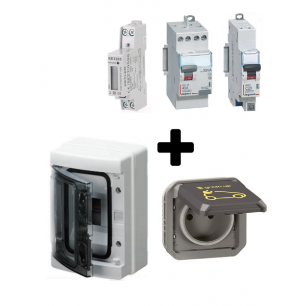 Kit recharge Green'Up encastré + compteur pour voiture électrique - 069885L. Permet de charger votre voiture électrique en Mode 2. Kit conforme à la norme NF C15-100. Avec le compteur à affichage LCD, vous pouvez suivre votre consommation.