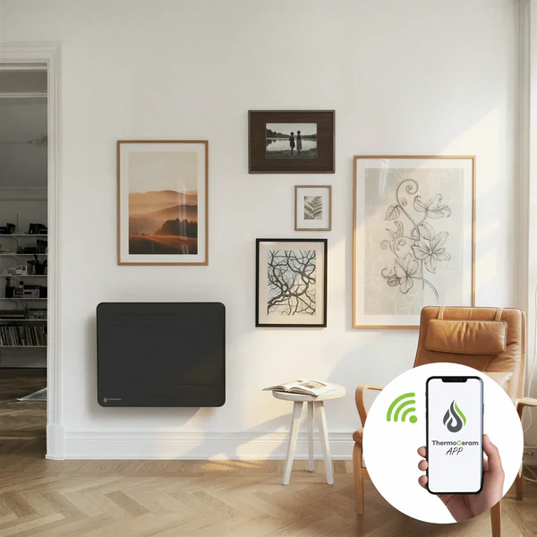 Mise en place dans un couloir du radiateur électrique connecté 1000W Alice TC-AL1000H-B à inertie sèche céramique horizontal et noir