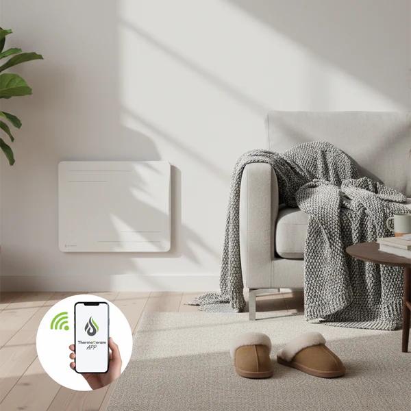 Mise en situation dans un salon du radiateur connecté 1000 W à inertie sèche céramique horizontal (blanc) TC-AL1000H-W. Gamme Alice de la marque Thermoceram.