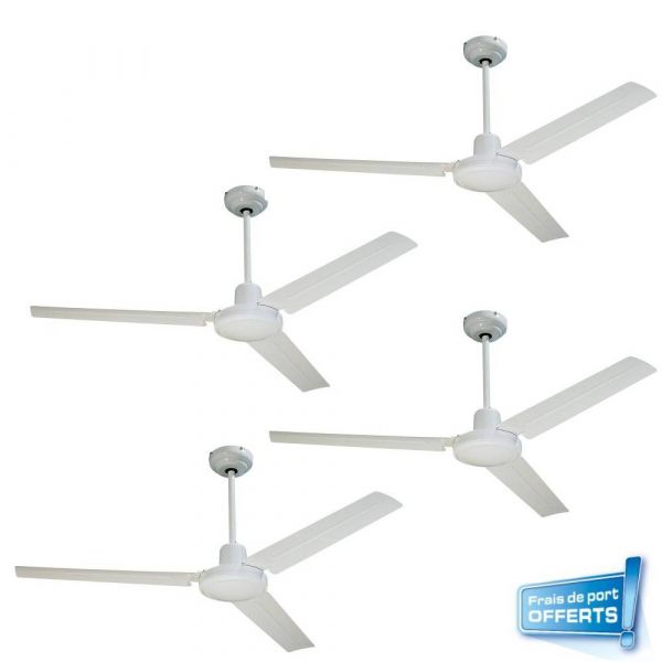 Lot de 4 Ventilateurs de plafond référence 112416 Seychelles de FARELEK (3 achetés + 1 offert), sélecteur de vitesses, pales en métal laqué blanc, sans télécommande. 4 Kits de fixation offerts avec cheville Duopower, vis et cheville molly.