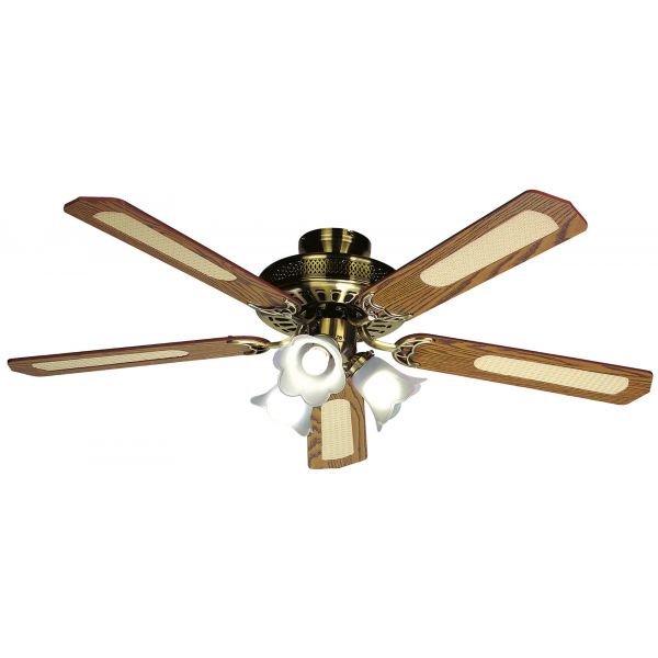 Ventilateur de plafond référence 112470 Farelek, sélecteur de vitesses, pales en MDF cannées noyer, éclairage tulipes E27. 
