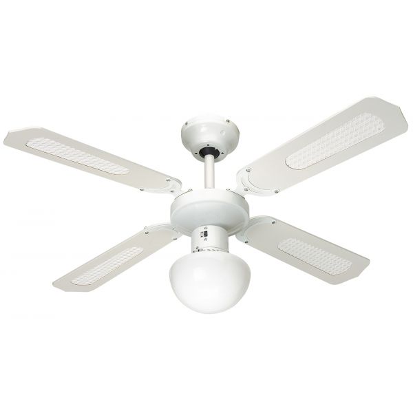 Ventilateur de plafond , sélecteur de vitesses, pales en MDF blanches, éclairage E27. Kit de fixation pour tous les supports offert avec cheville Duopower, vis et cheville molly.