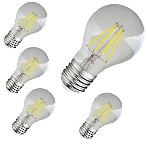 Lot de 5 ampoules LED à filament 4000K 8W 230V culot E27 référence 7145 de la marque Miidex. Classe énergétique A+. Flux sortant 1150 lumens. 