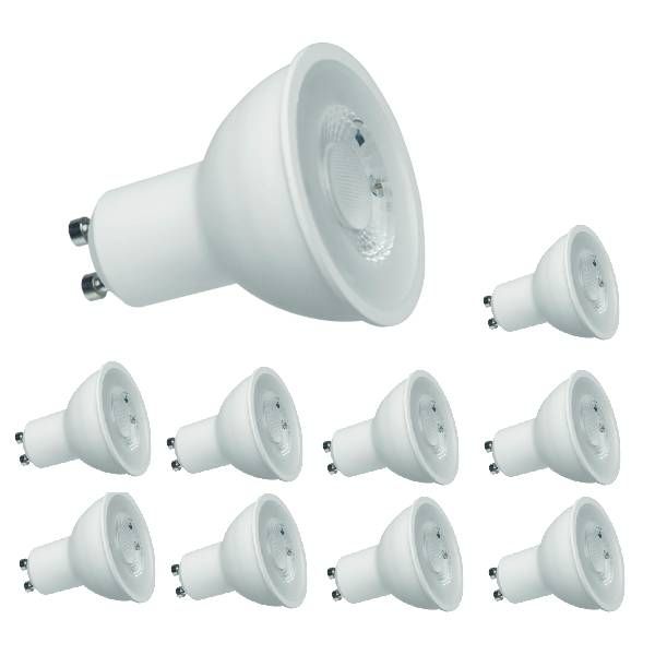 Lot de 10 ampoules LED GU10 référence 100555 de la marque Miidex - 3000K (blanc chaud) - 570 Lumens - 5,8W - 220-240 Vac - non dimmable - angle de diffusion 38°.