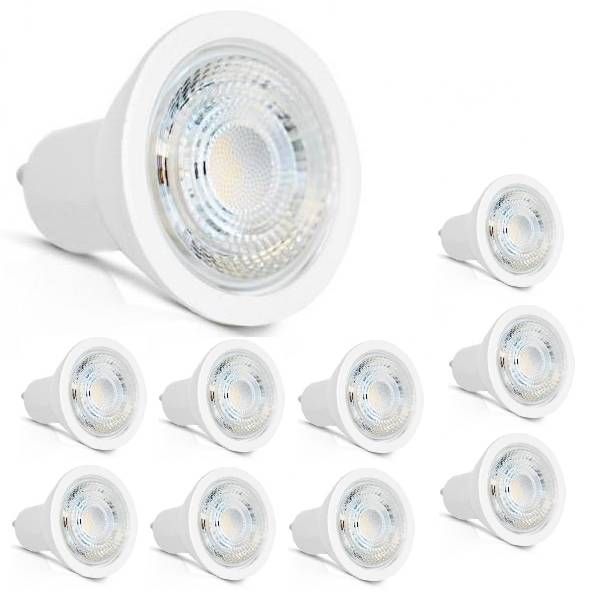 Lot de 10 Ampoules LED GU10 dimmable référence 78611 de la marque Miidex 5,5W 4000°K (blanc neutre) 450lm, tension d'alimentation 220-240 Vac - angle de difusion 38°. Montées avec des plafonniers, des spots encastrables et des rails luminaires.