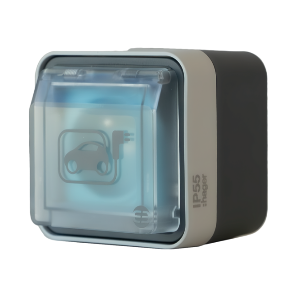 Prise renforcée witty référence XEV080 de la marque HAGER. Prise cubyko avec un indice de protection IP55.