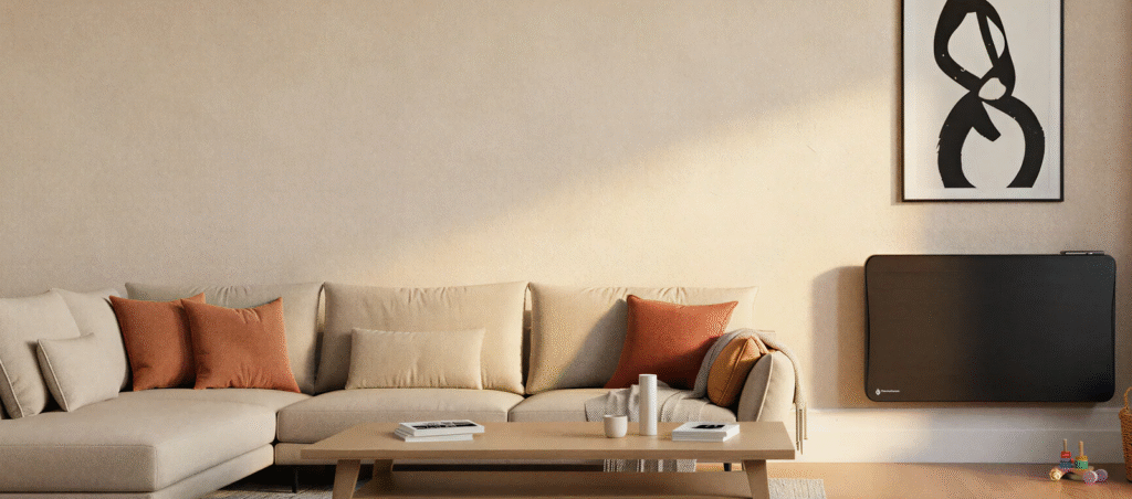 Présentation dans un salon, d'un modèle de radiateur connecté de couleur noir de la marque thermoceram.<br />
