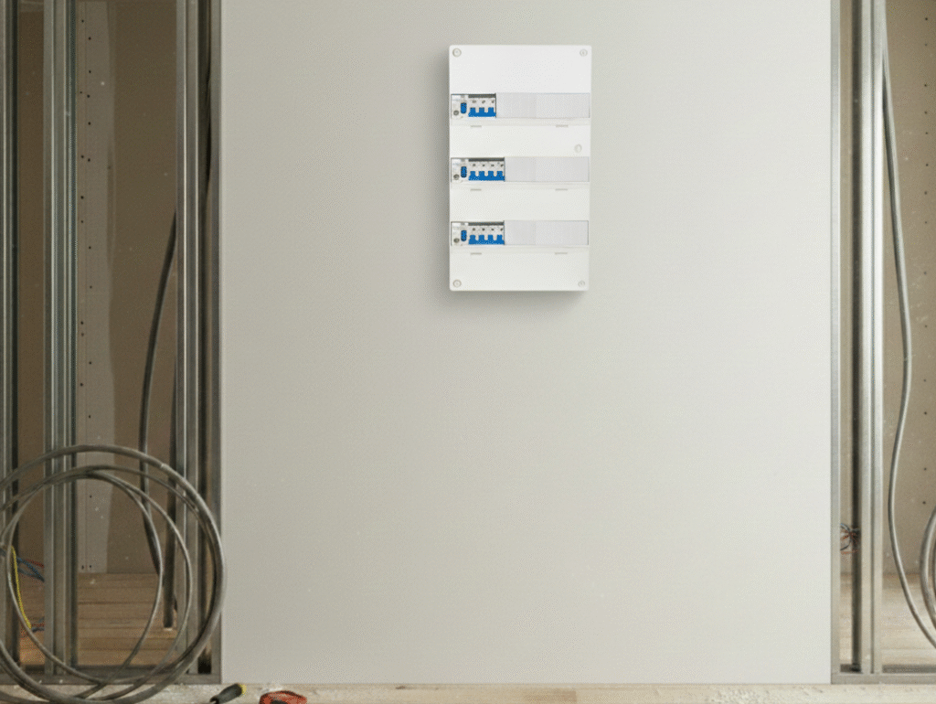 Tableau électrique Solera pré-monté avec appareillage le tout installé sur un mur en placo.
