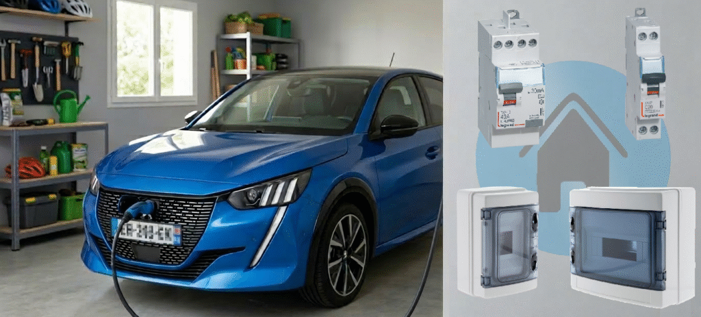 Voiture électrique entrain d'être recharger dans un garage et présentation du matériel de recharge des kit Bâtir moins Cher