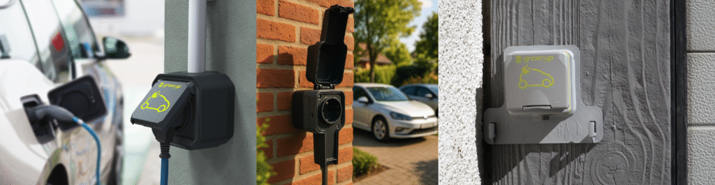 Différentes prises renforcées de la marque Legrand et Protec pour la recharge à l'intérieur et à l'extérieur