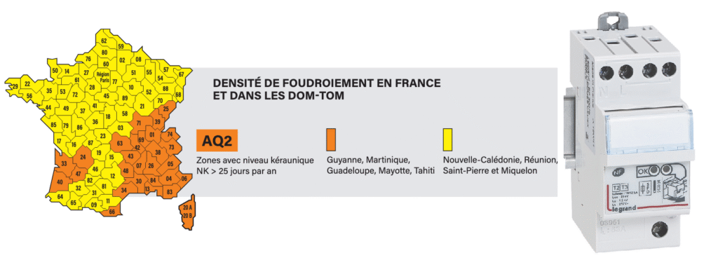 Parafoudre Legrand et carte de france présentant la densité de foudroiement pour protéger la recharge électrique