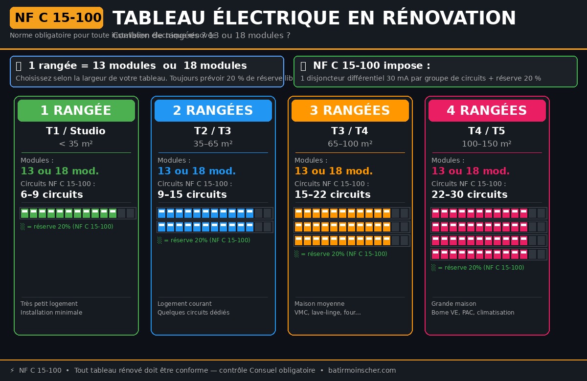 Tableau électrique rénovation - nombre de rangées selon NF C 15-100