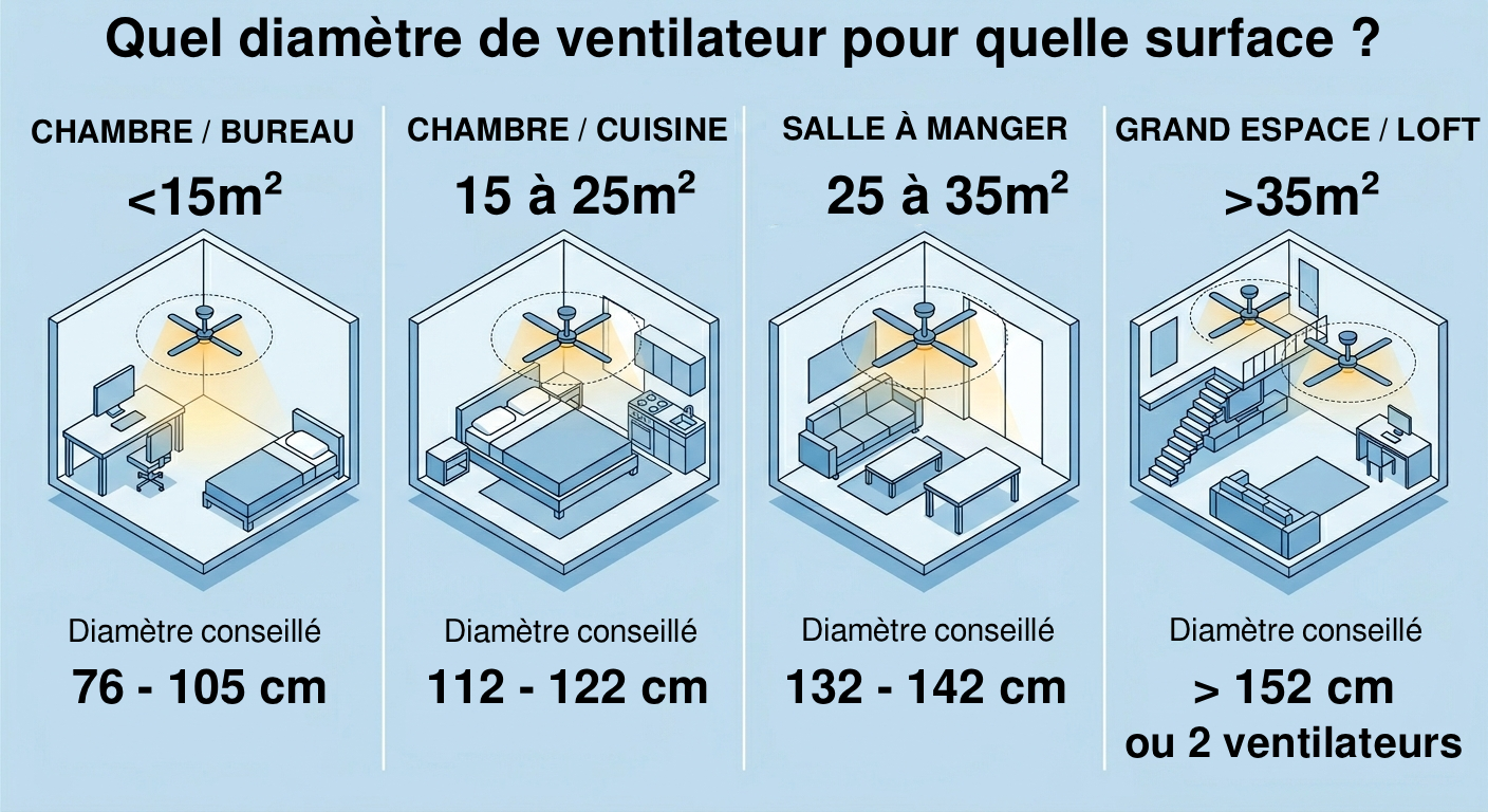 Infographie sur quel diamètre d'hélice pour quelle surface de pièce