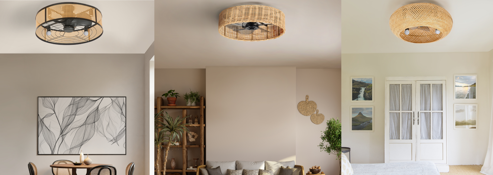 Ventilateurs de plafond Farelek avec abats jour en rotin, osier et bambou